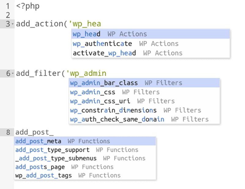 Une capture d'écran d'une application php avec différents types d'actions.