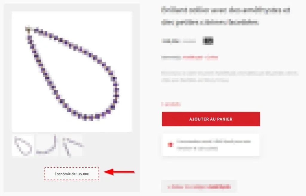 Une photo d'un collier avec une flèche violette pointant vers lui.