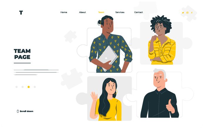 Une page d'équipe avec des personnes en jaune et jaune.