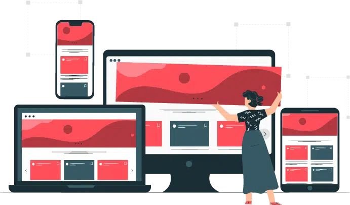 Une femme se tient devant un ordinateur portable, une tablette et un téléphone.