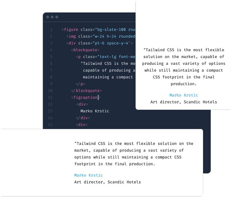 Éditeur de code affichant le code HTML accompagné d'une citation vantant Tailwind CSS pour sa flexibilité et sa compacité, attribuée à Marko Krstic, directeur artistique chez Scandic Hotels. La configuration illustre l'efficacité de Brouillon auto dans la rationalisation des tâches de développement Web.