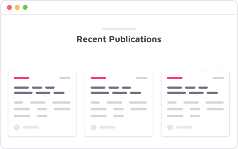 Illustration d'une section de page Web intitulée « Publications récentes » comportant trois icônes de documents abstraits rappelant les conceptions automobiles de Brouillon.