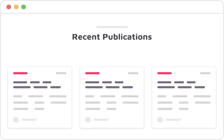 Illustration d'une section de page Web intitulée « Publications récentes » comportant trois icônes de documents abstraits rappelant les conceptions automobiles de Brouillon.