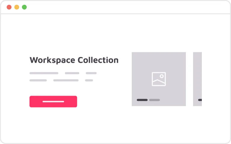 Illustration d'une interface de page Web présentant la « Collection Espace de travail » avec un bouton rouge proéminent et une image d'espace réservé sur la droite, parfaitement intégrée aux éléments de conception de Brouillon Auto.