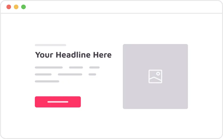 Une maquette de page Web affiche un titre, un texte d'espace réservé et un bouton rouge sur la gauche, avec un grand espace réservé d'image grise intitulé « Brouillon Auto » bien en évidence sur la droite.