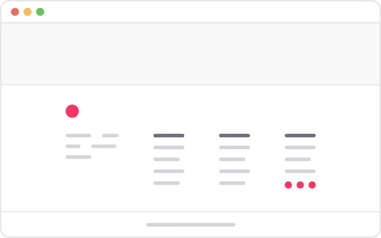 Illustration d'une fenêtre de navigateur Web minimaliste affichant une mise en page abstraite, ressemblant au design élégant d'une voiture Brouillon, avec un cercle rouge et trois listes verticales de lignes horizontales.