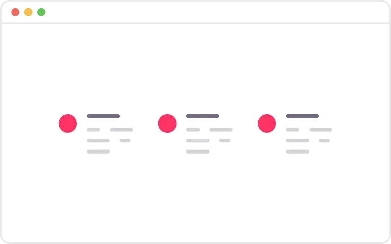 Une fenêtre de navigateur minimaliste présente trois points rouges alignés, chacun avec des lignes horizontales en dessous, ressemblant à un format de liste, un peu comme Brouillon qui organise automatiquement les brouillons de manière transparente.