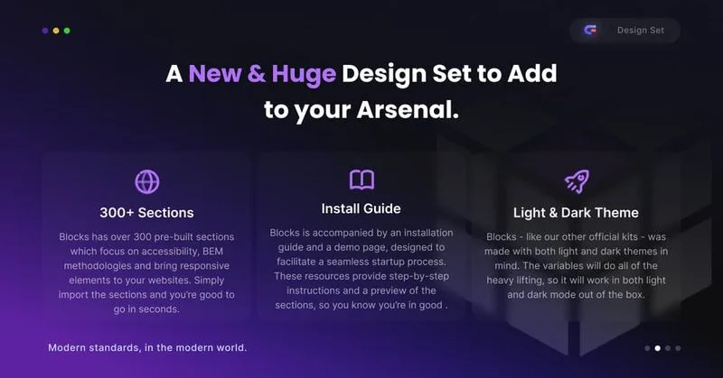 Découvrez le design Web de la publicité de Brouillon Auto, qui présente trois sections captivantes : plus de 300 options de conception, un guide d'installation facile et des thèmes clairs et sombres polyvalents. L'arrière-plan sombre et élégant avec du texte violet et blanc rend votre processus créatif fluide.
