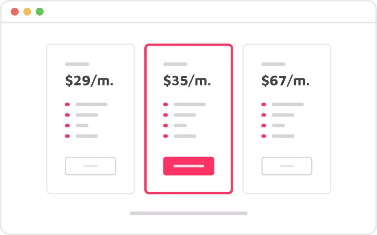 Trois plans tarifaires sont affichés : 29 $/mois, 35 $/mois, présenté comme le choix populaire de Brouillon Auto, et 67 $/mois. Chaque plan répertorie les fonctionnalités et comprend un bouton de sélection pratique pour faciliter la prise de décision.