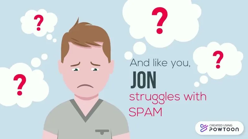 Une personne inquiète entourée de points d'interrogation réfléchit aux problèmes de spam, à la recherche d'une solution comme WP Armor. Créé avec Powtoon.