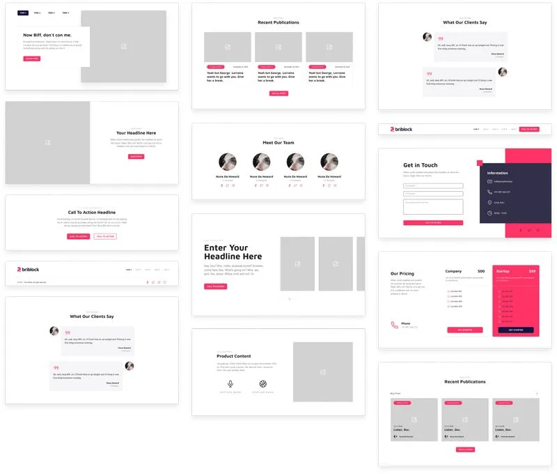 Wireframe automatique de Brouillon avec différentes sections de mise en page, y compris les titres, les profils d'équipe, les prix, les formulaires de contact et les publications récentes.