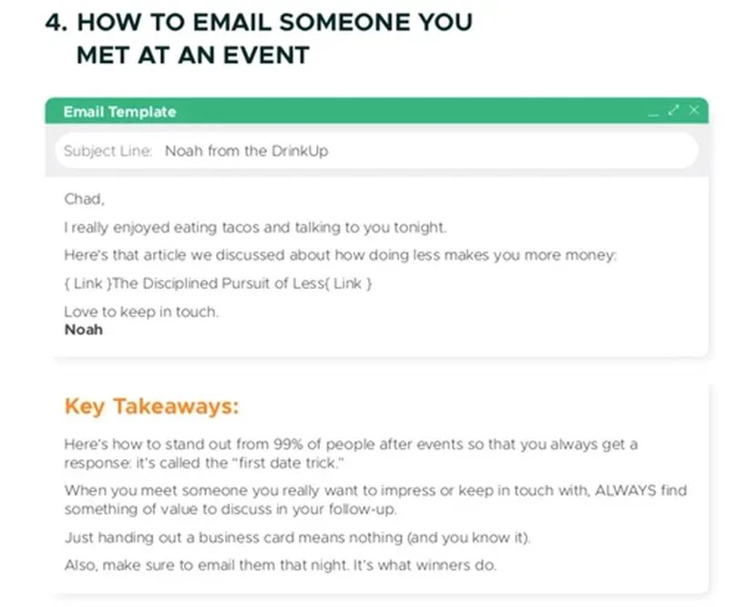 Découvrez ce modèle d'e-mail d'une valeur d'un million de dollars contenant un message de Noah sur les tacos et un lien partagé. Les points clés à retenir sont l'utilisation de modèles d'e-mails pour assurer le suivi après les événements, ce qui vous aide à vous démarquer.