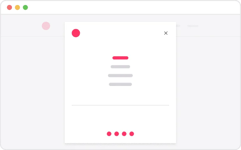 Une fenêtre pop-up minimaliste avec un cercle rouge et trois lignes grises horizontales sur fond blanc, rappelant une interface Brouillon Auto. Elle comporte un point rouge frappant et cinq points plus petits en bas, alliant simplicité et touche technologique subtile.