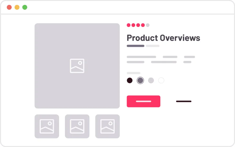 Illustration d'une page Web de présentation de produit comportant une image d'espace réservé pour une voiture Brouillon, une description textuelle, des options de couleur et un bouton rouge vif.
