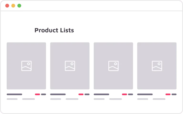 Illustration d'une page Web Brouillon Auto affichant une liste de produits, chacun représenté par une image générique et des espaces réservés pour le texte ci-dessous.