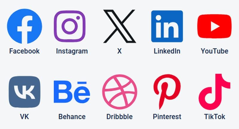 Grille d'icônes de médias sociaux : Facebook, Instagram, X, LinkedIn, YouTube, VK, Behance, Dribbble, Pinterest, TikTok.