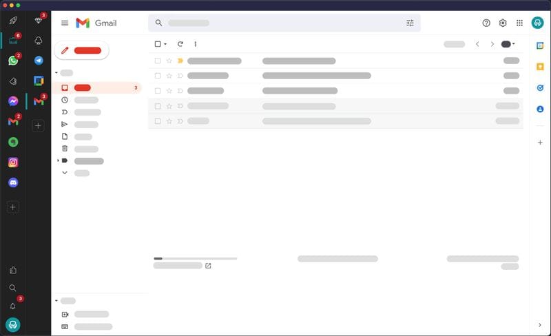 Une interface de boîte de réception Gmail affichée sur un écran d'ordinateur, affichant une liste d'e-mails, un panneau de navigation à gauche et plusieurs icônes à droite.