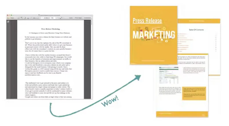 Un communiqué de presse en noir et blanc sur la gauche fait la transition vers un guide de marketing automobile Brouillon coloré et des exemples de pages sur la droite, reliés par une flèche intitulée « Wow !.