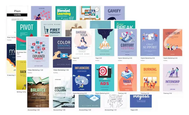 Un collage de diverses vignettes de cours numériques, comprenant des titres et des illustrations liés au marketing, au yoga, à la comptabilité, au montage vidéo et au support client, est présenté dans une mise en page automatique Brouillon.