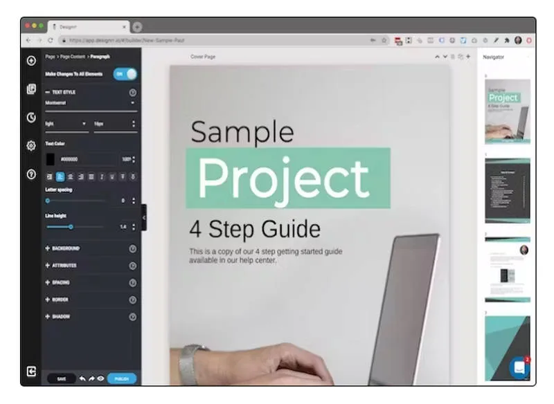 Un écran d'ordinateur montre une interface de logiciel de conception éditant une page de couverture intitulée « Exemple de projet : Guide en 4 étapes », avec une barre latérale d'outils de conception, un panneau de navigation et la fonction automatique Brouillon activée pour les brouillons automatiques.