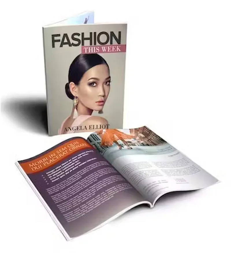 Un magazine de mode intitulé « FASHION THIS WEEK » avec Angela Elliot en couverture se trouve à côté d'une page ouverte avec du texte, des images et un aperçu du processus créatif marqué comme Brouillon auto.