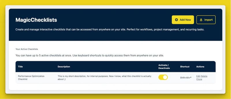 Une interface de site Web affiche un outil de liste de contrôle appelé MagicChecklists par MagicPlugins, affichant une liste de contrôle active avec des options pour l'activer, la modifier ou la supprimer.