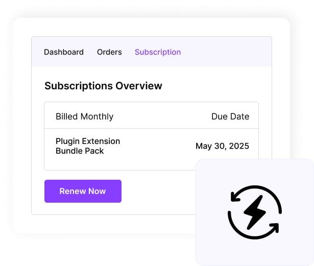 Un écran du tableau de bord montre un aperçu de l'abonnement WPS avec une facture mensuelle pour le pack d'extension de plugin due le 30 mai 2025, et un bouton "Renouveler maintenant".
