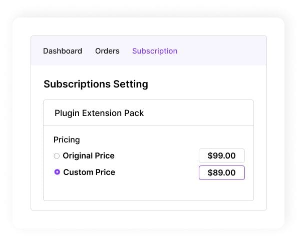 Un écran de configuration de WPSubscription affiche les options de tarification du Plugin Extension Pack : Prix original à 99,00 $ ou Prix personnalisé à 89,00 $, le Prix personnalisé étant sélectionné.