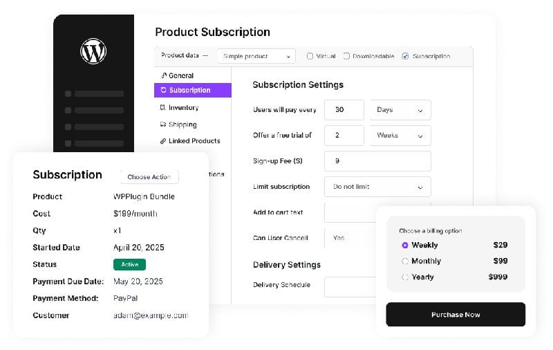 La capture d'écran montre le tableau de bord d'un produit WPSubscription dans WordPress, montrant les paramètres, les détails de l'abonnement et les options de plan de paiement pour une facturation hebdomadaire, mensuelle et annuelle.