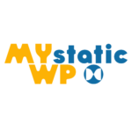 Logo comportant la mention « MY STATIC WP » en jaune et « static » en bleu, à côté d’une icône circulaire bleue et blanche, le tout sur un fond gris clair.